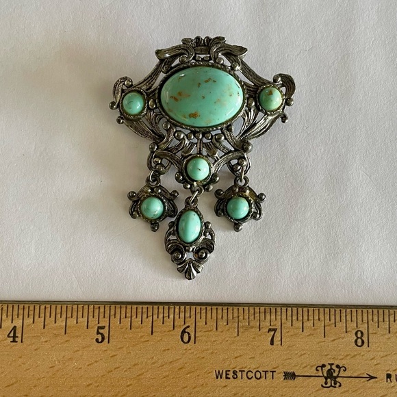 Vintage Style Faux Turquoise and Silver Tone Dangle Brooch - Picture 4 of 4